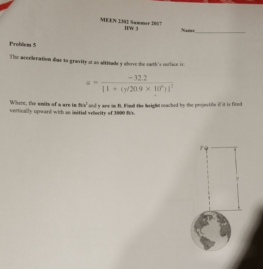 Solved The acceleration due to gravity at an altitude y | Chegg.com