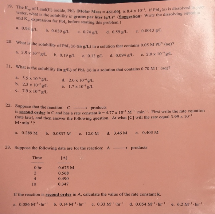 Solved 19. The K, of Lead(lIl) iodide, Pbl, (Molar Mass 4 .