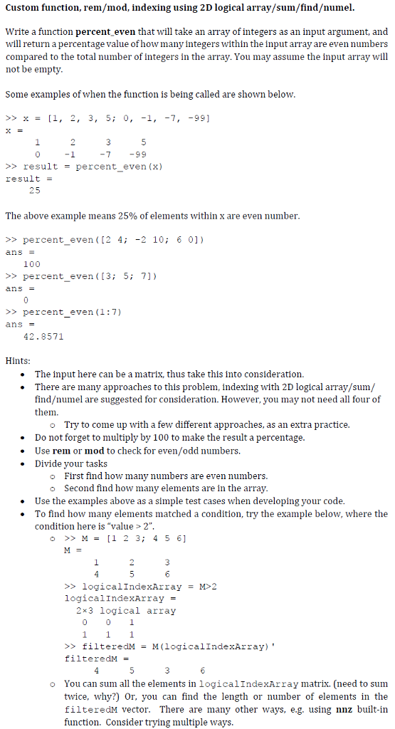 Custom function, rem/mod, indexing using 2D logical