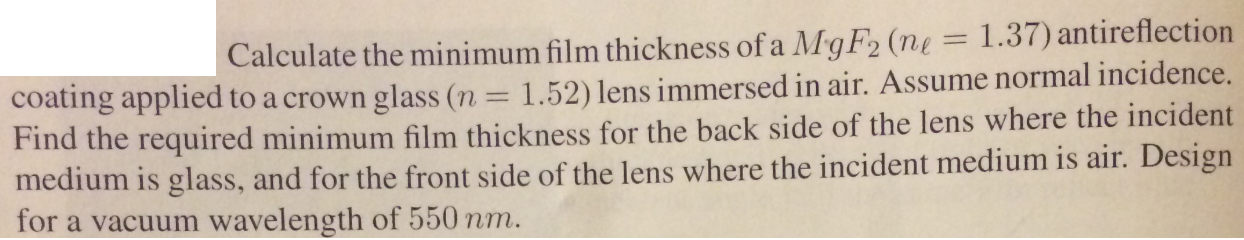 Solved Calculate the minimum film thickness of a MgF2 (nl = | Chegg.com
