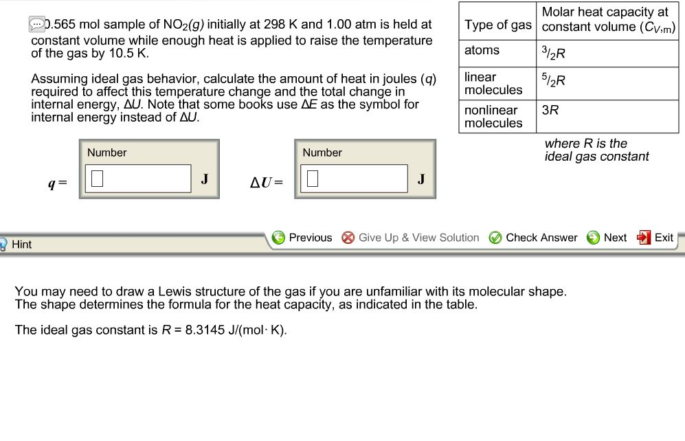 Solved Molar heat capacity at 0.565 mol sample of NO2(9)
