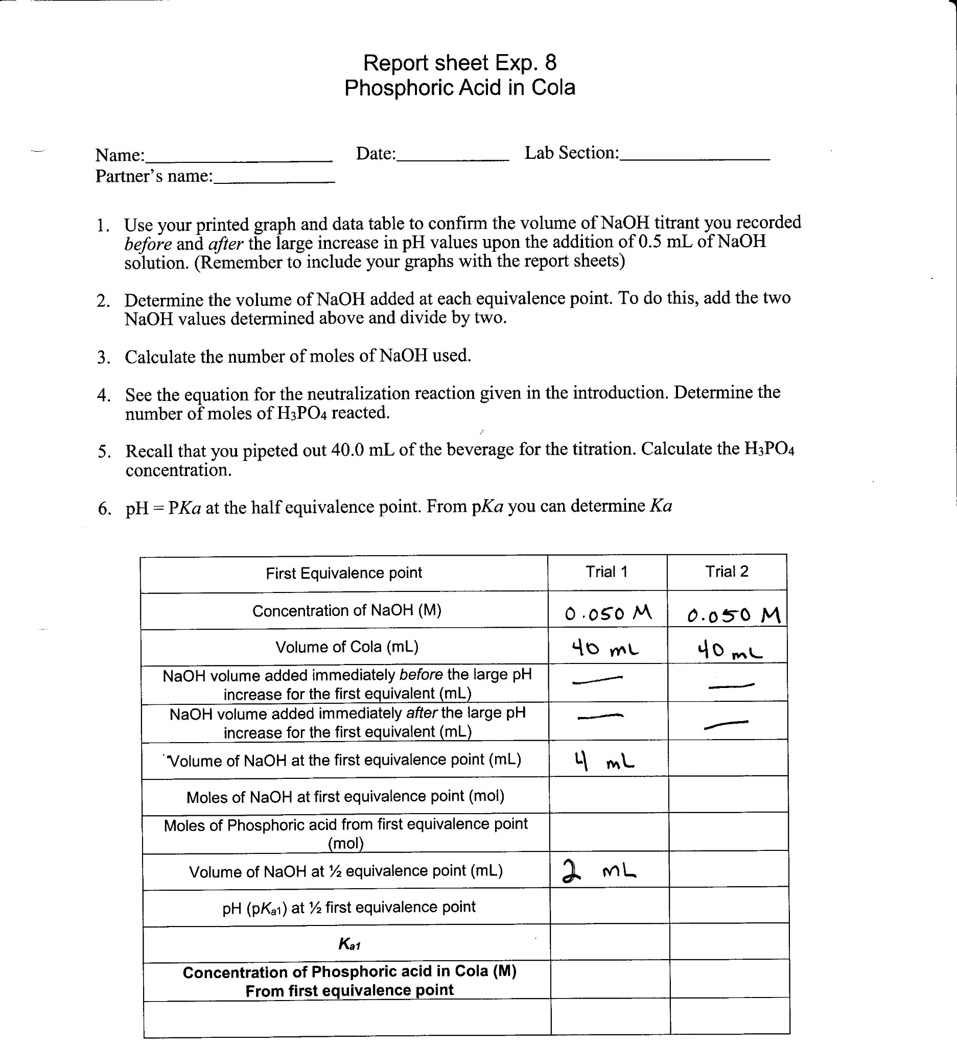 Solved Report sheet Exp. 8 Phosphoric Acid in Cola Lab