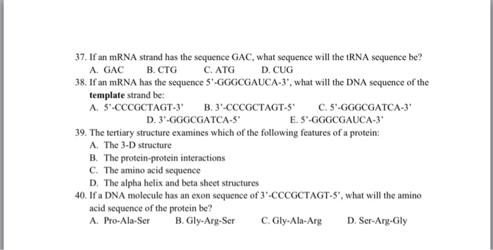 Solved If an mRNA strand has the sequence GAC. what sequence | Chegg.com