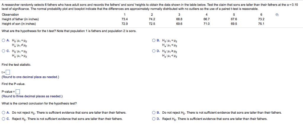 Solved A researcher randomly selects 6 fathers who have | Chegg.com