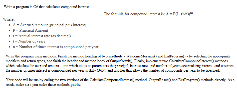 Solved Write a program in C# that calculates compound | Chegg.com