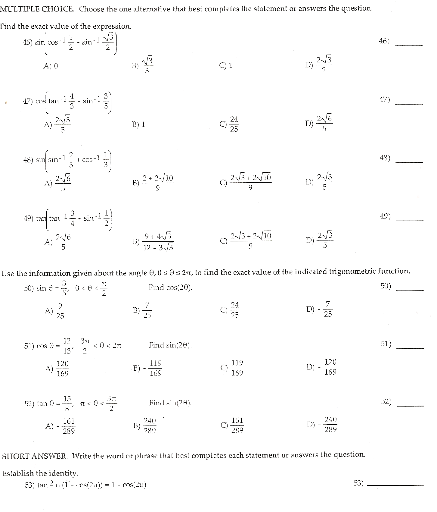 Solved SHORT ANSWER. Write the word or phrase that best | Chegg.com