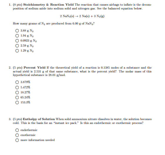 Solved 1. (8 pts) Stoichiometry & Reaction Yield The | Chegg.com