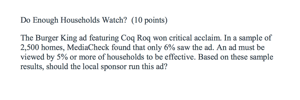 Solved Do Enough Households Watch? (10 points) The Burger | Chegg.com