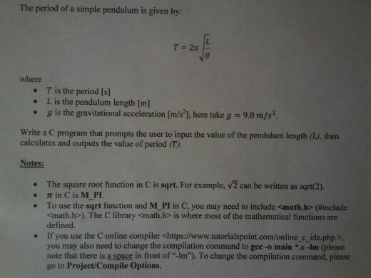 Solved The Period Of A Simple Pendulum Is Given By 1 Where Chegg