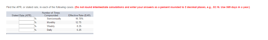 Solved Find the APR or stated rate, in each of the following | Chegg.com