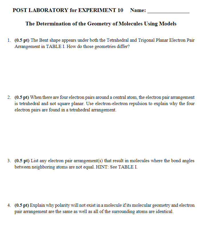 Solved POST LABORATORY for EXPERIMENT 10 Name: The | Chegg.com