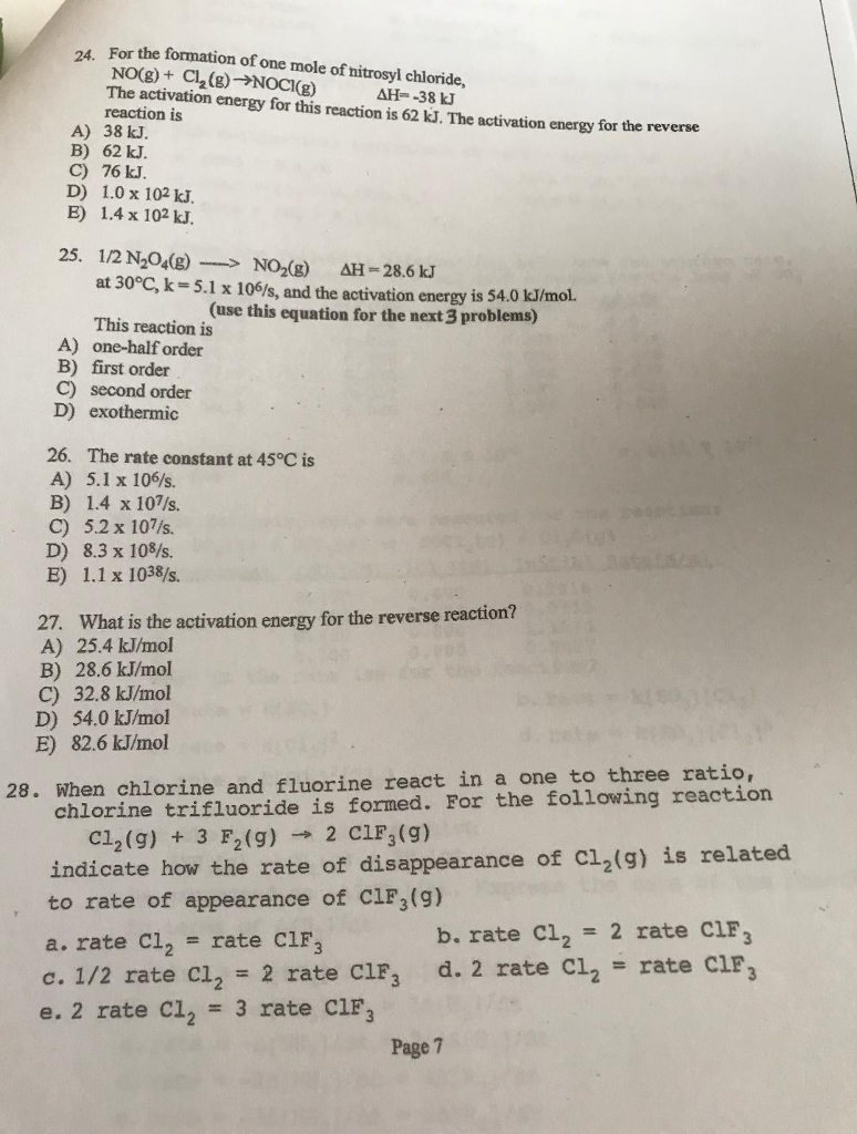 Solved For the formation of one mole of nitrosyl chloride, | Chegg.com