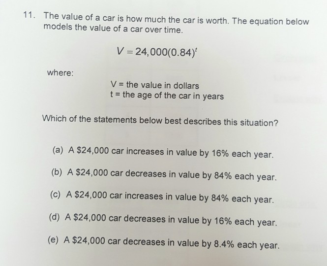 Solved The value of a car is how much the car is worth. The | Chegg.com