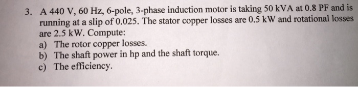 Solved A 440 V, 60 Hz, 6-pole, 3-phase induction motor is | Chegg.com