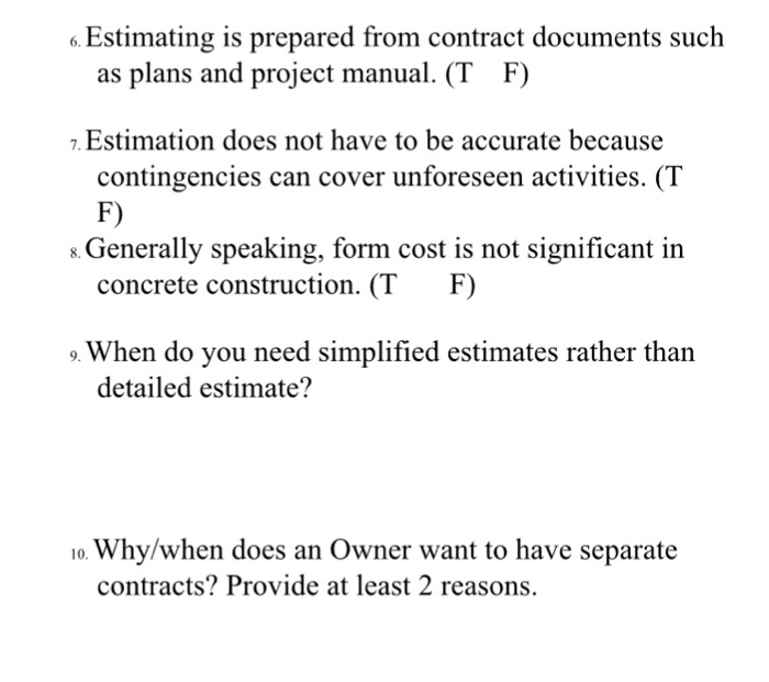 Solved Estimating is prepared from contract documents such | Chegg.com