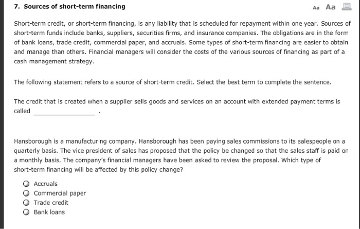 Solved Short-term credit, or short-term financing, is any | Chegg.com