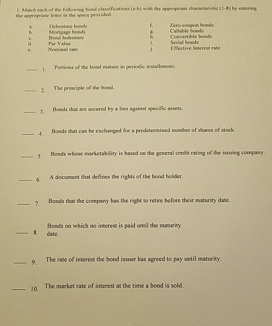Solved 1. Match each of the following bond classifications | Chegg.com