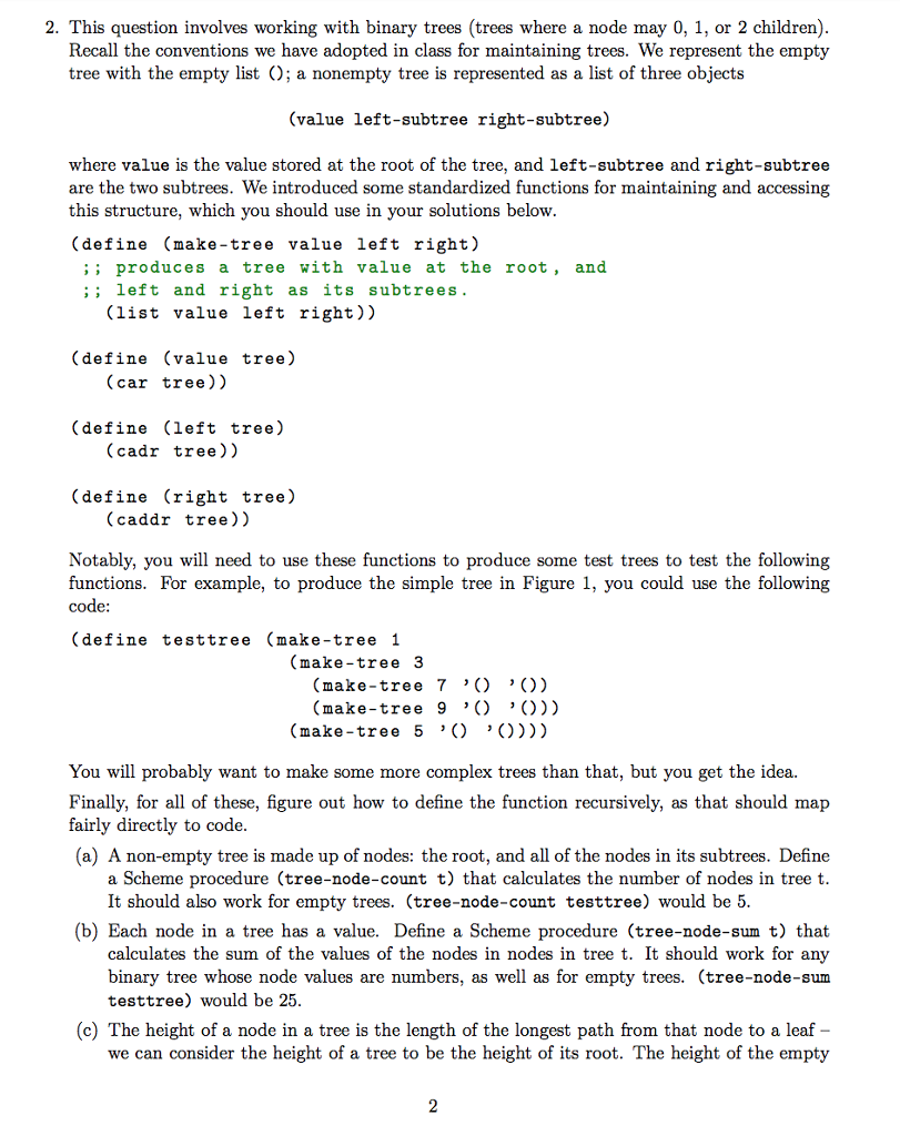 Solved 2. This question involves working with binary trees | Chegg.com