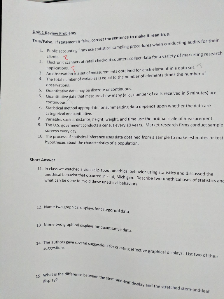 Solved Unit 1 Review Problems True False If Statement 1 Chegg
