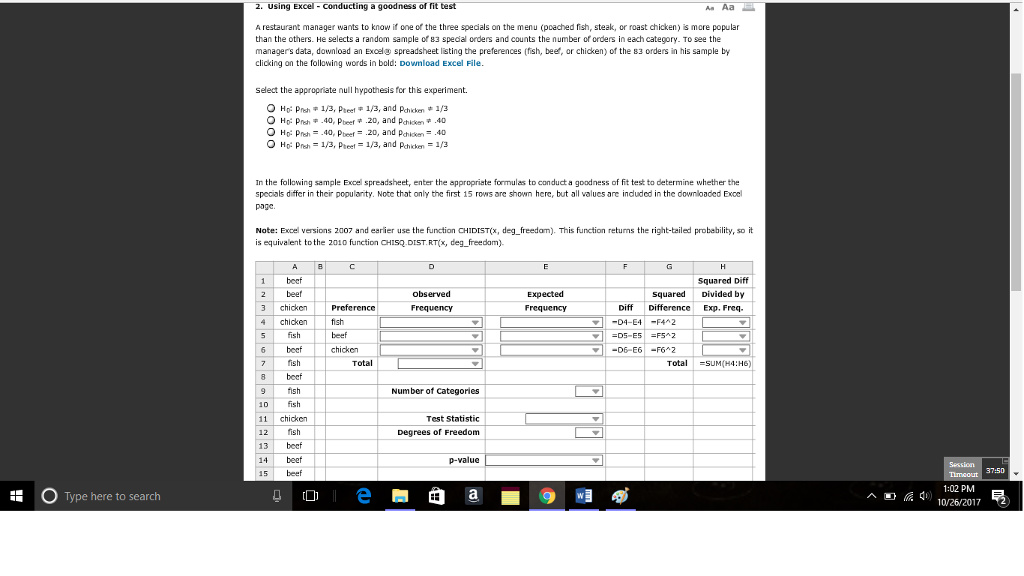 Using Excel-conducting A Goodness Of Fit Test A | Chegg.com