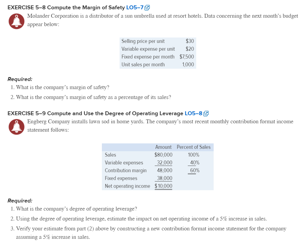 Solved EXERCISE 5-8 Compute the Margin of Safety LO5-7 | Chegg.com