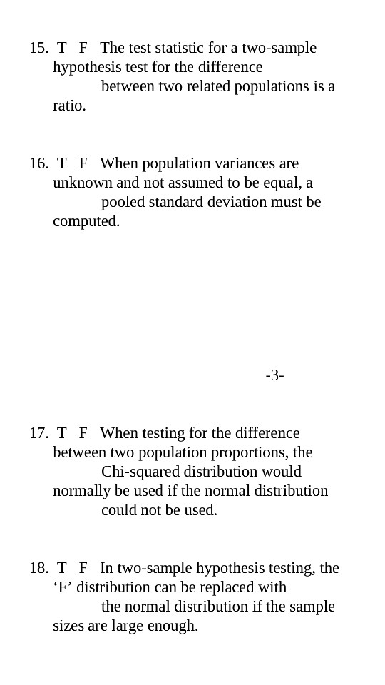 15 t f the test statistic for a two sample chegg