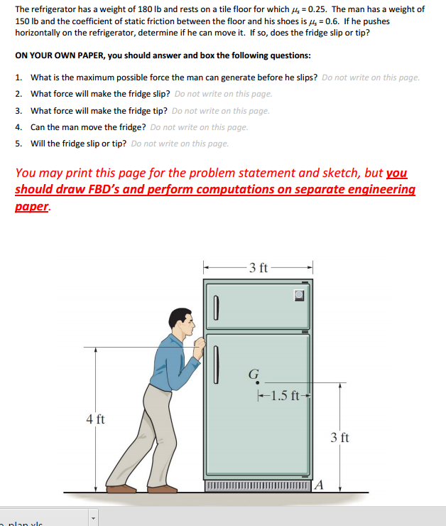 Solved The refrigerator has a weight of 180 lb and rests on