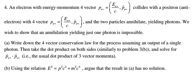 An electron with energy-momentum 4 vector p_e^ - | Chegg.com