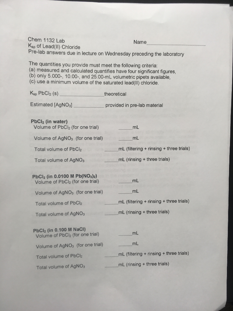 Solved Chem 1132 Lab Ksp of Lead(lI) Chloride Prelab