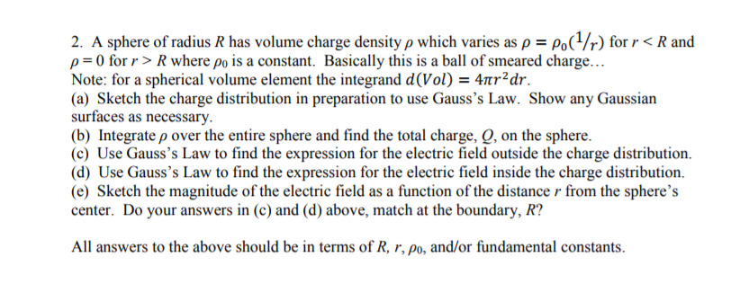 Solved 2. A sphere of radius R has volume charge density ρ | Chegg.com