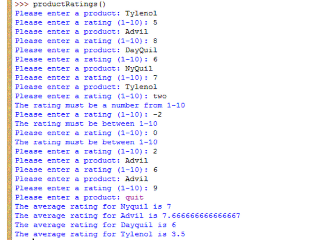 Solved FOR PYTHON: Create a function productRatings() which | Chegg.com