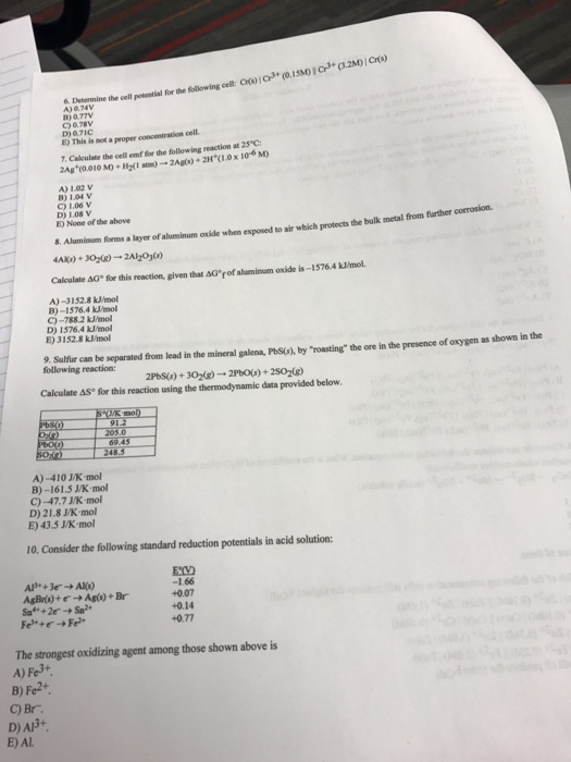 Solved Determine The Cell Potential For The Following Cell 6037