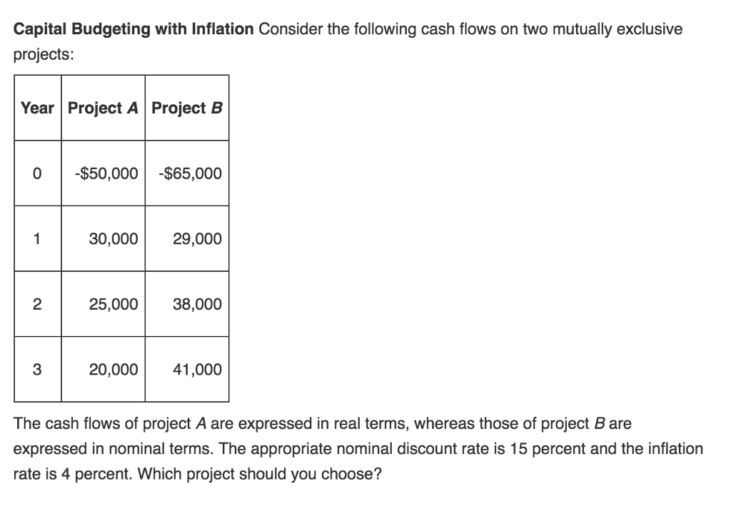 Solved Capital Budgeting with Inflation Consider the | Chegg.com