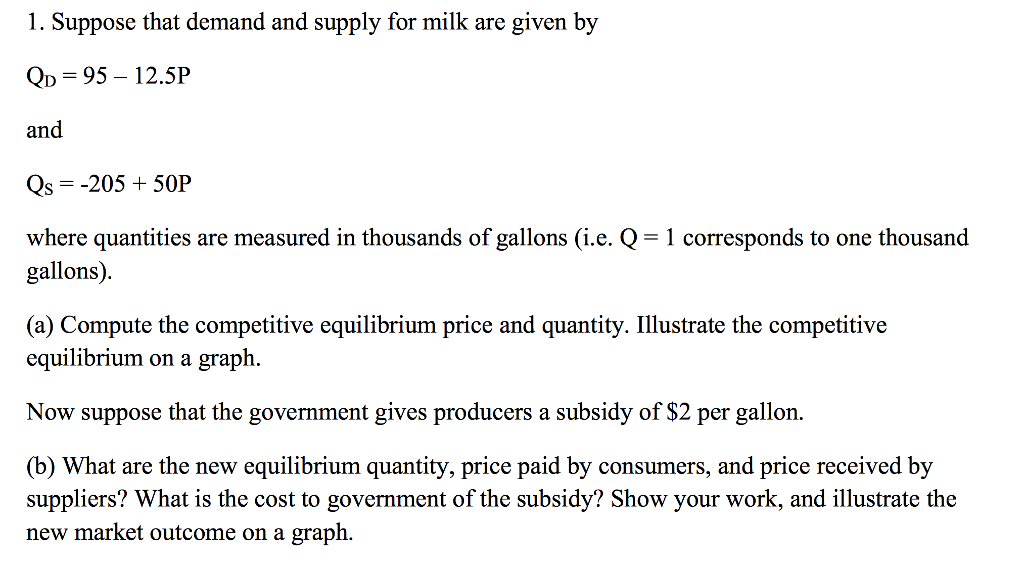 Solved Suppose that demand and supply for milk are given by | Chegg.com