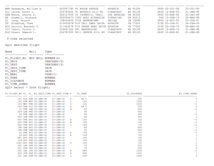 Tables and Associated Data SQL> describe ticket Name