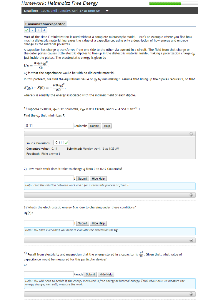 Homework Helmholtz Free Energy Deadline 100 Until Chegg