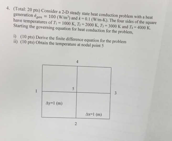 Solved (Total: 20 pts) Consider a 2-D steady state heat | Chegg.com