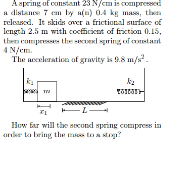 Solved A spring of constant 23 N/cm is compressed a distance | Chegg.com