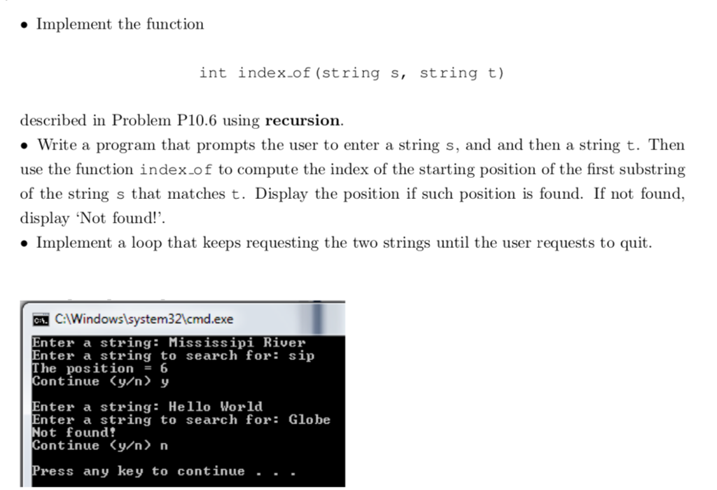 Solved • Implement the function int index-of (string s, | Chegg.com