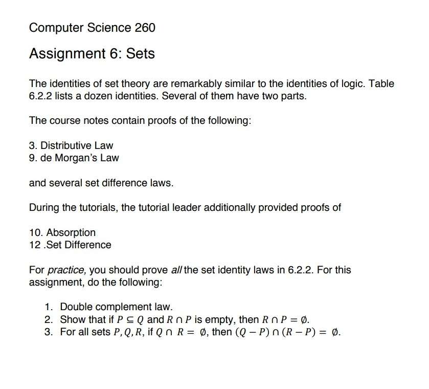 Computer Science 260 Assignment 6 Sets The