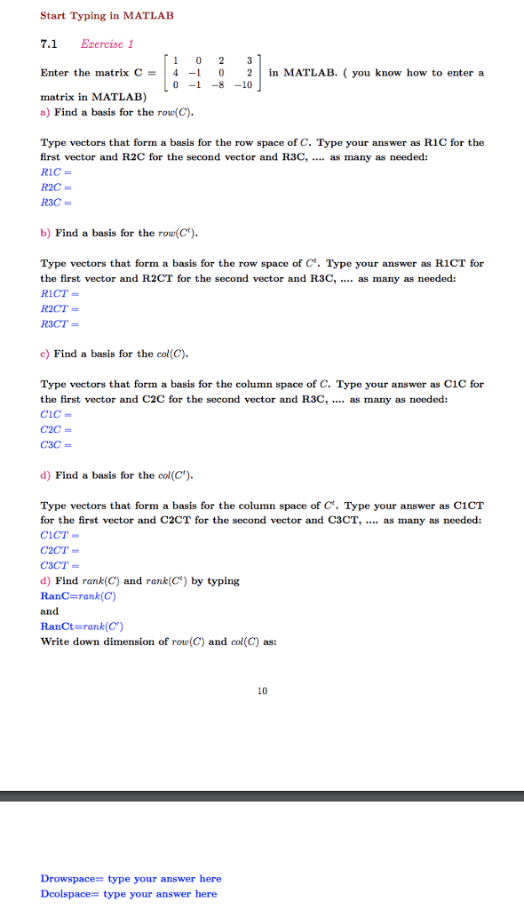 Start Typing in MATLAB 7.1 Exercise1 Enter the matrix | Chegg.com