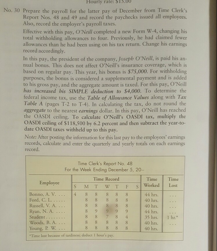 Hourly Rate S15 00 No 30 Prepare The Payroll For Chegg