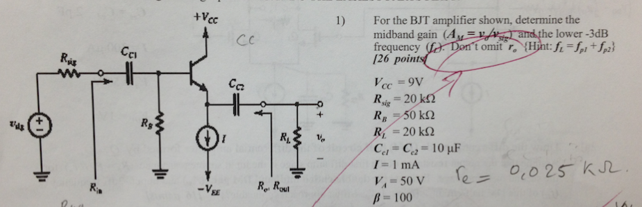 ?? 1) For the BJT amplifier shown, determine the Cc | Chegg.com