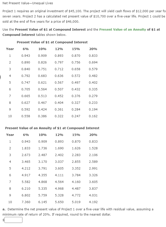 Solved Net Present ValueUnequal Lives Project 1 requires an