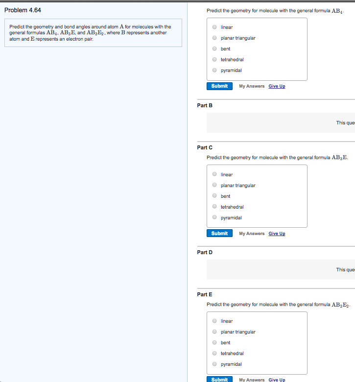 Solved Problem 4.64 Predict the geometry for molecule with | Chegg.com