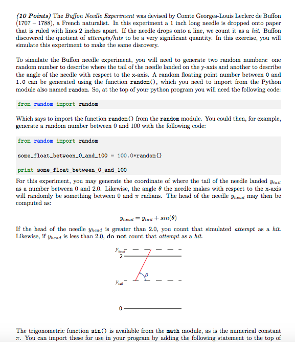 Solved (10 Points) The Buffon Needle Erperiment was devised | Chegg.com