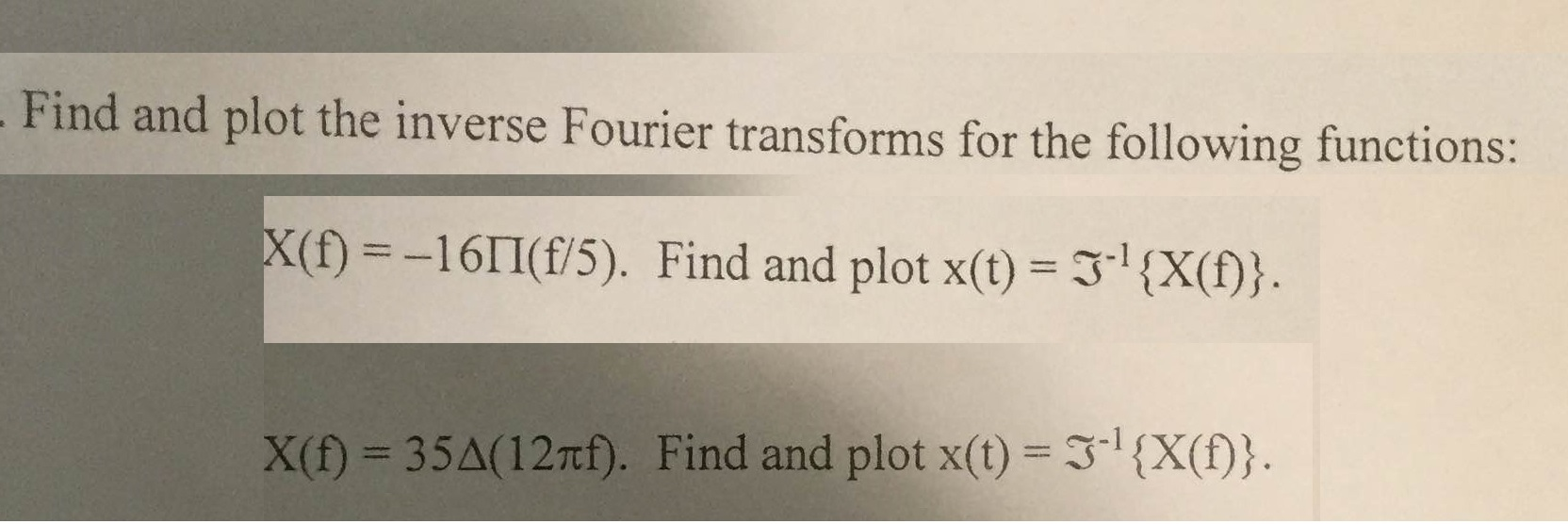 Solved Find and plot the inverse Fourier transforms for the | Chegg.com