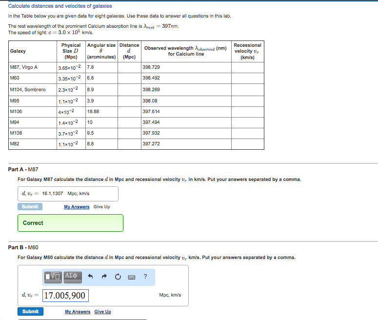 Solved Calculate distances and velocites of galaxies In the
