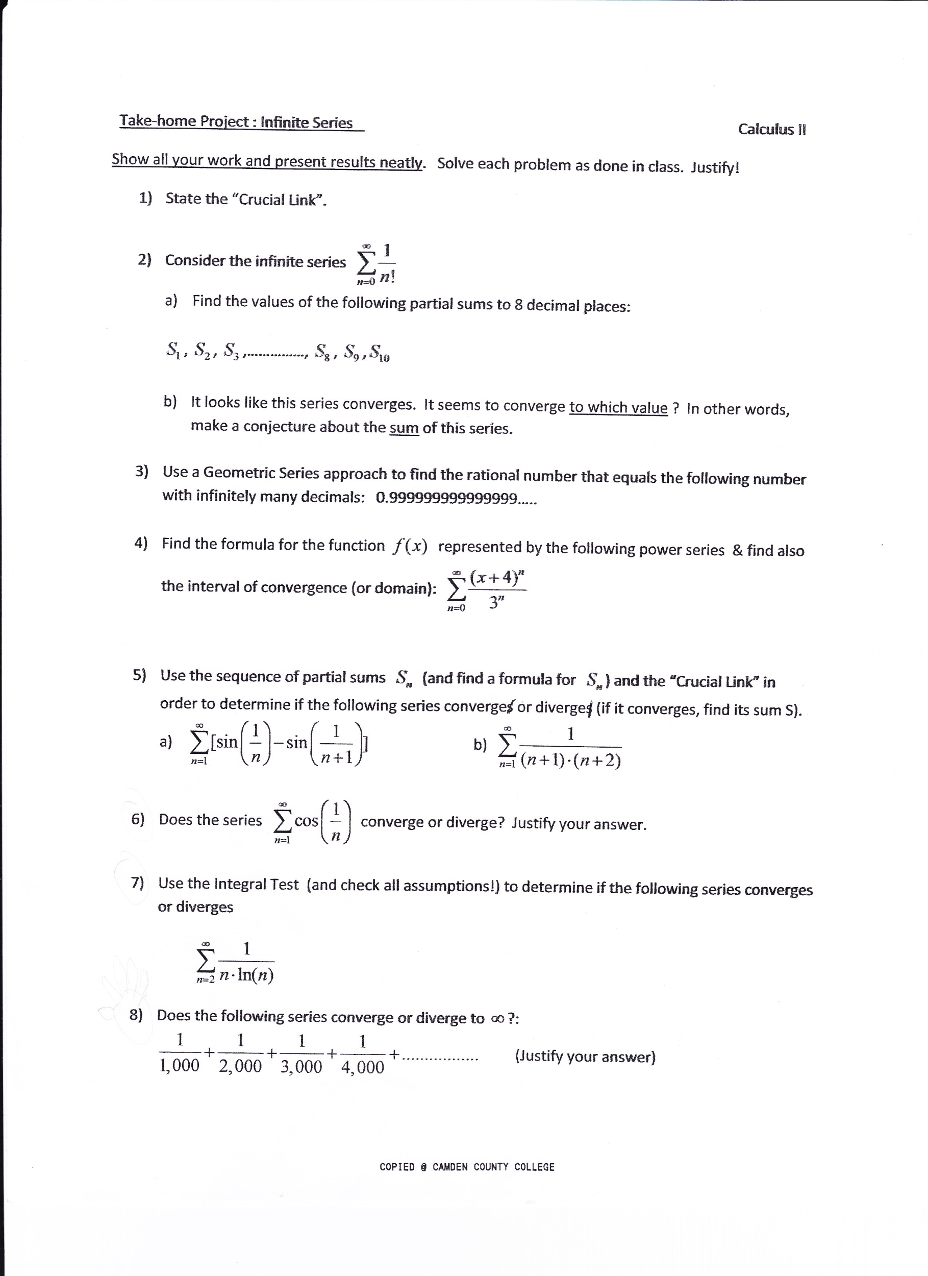 Solved Take-home Project: Infinite Series Calculus Show all | Chegg.com