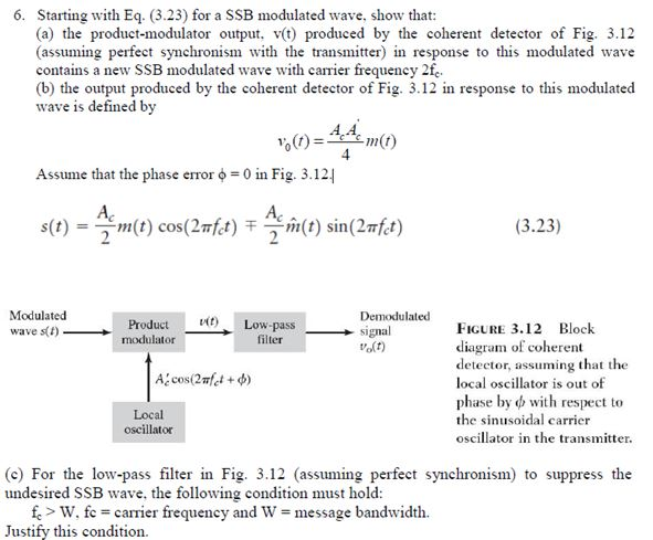 Solved 6. Starting with Eq. (3.23) for a SSB modulated wave, | Chegg.com